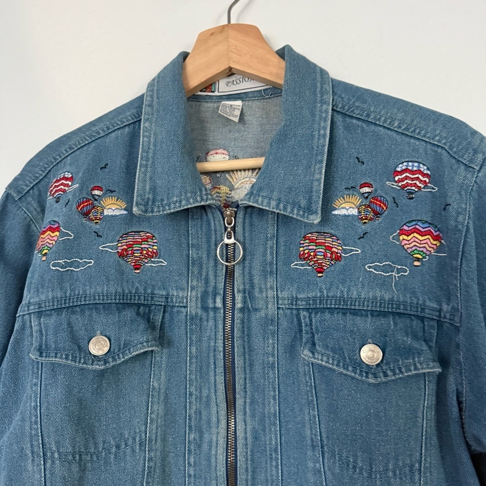 Vintage Passion‎ I Embroidered Denim Jean Jacket Hot Air Balloons Zip Up Size S - Picture 7 of 14